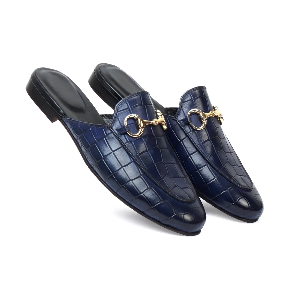 BLUE DEEP CUT LEATHER MULES