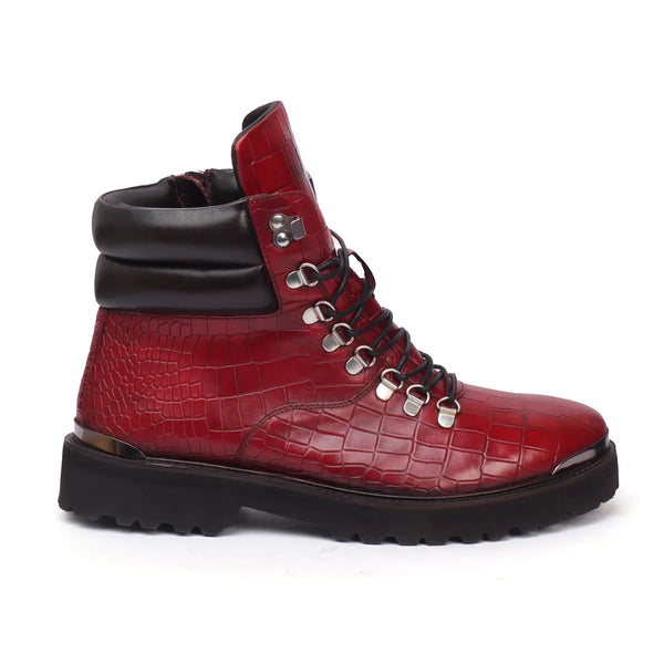 Zip Closure Wine Deep Cut Leather Chunky Boots - Burgundy
