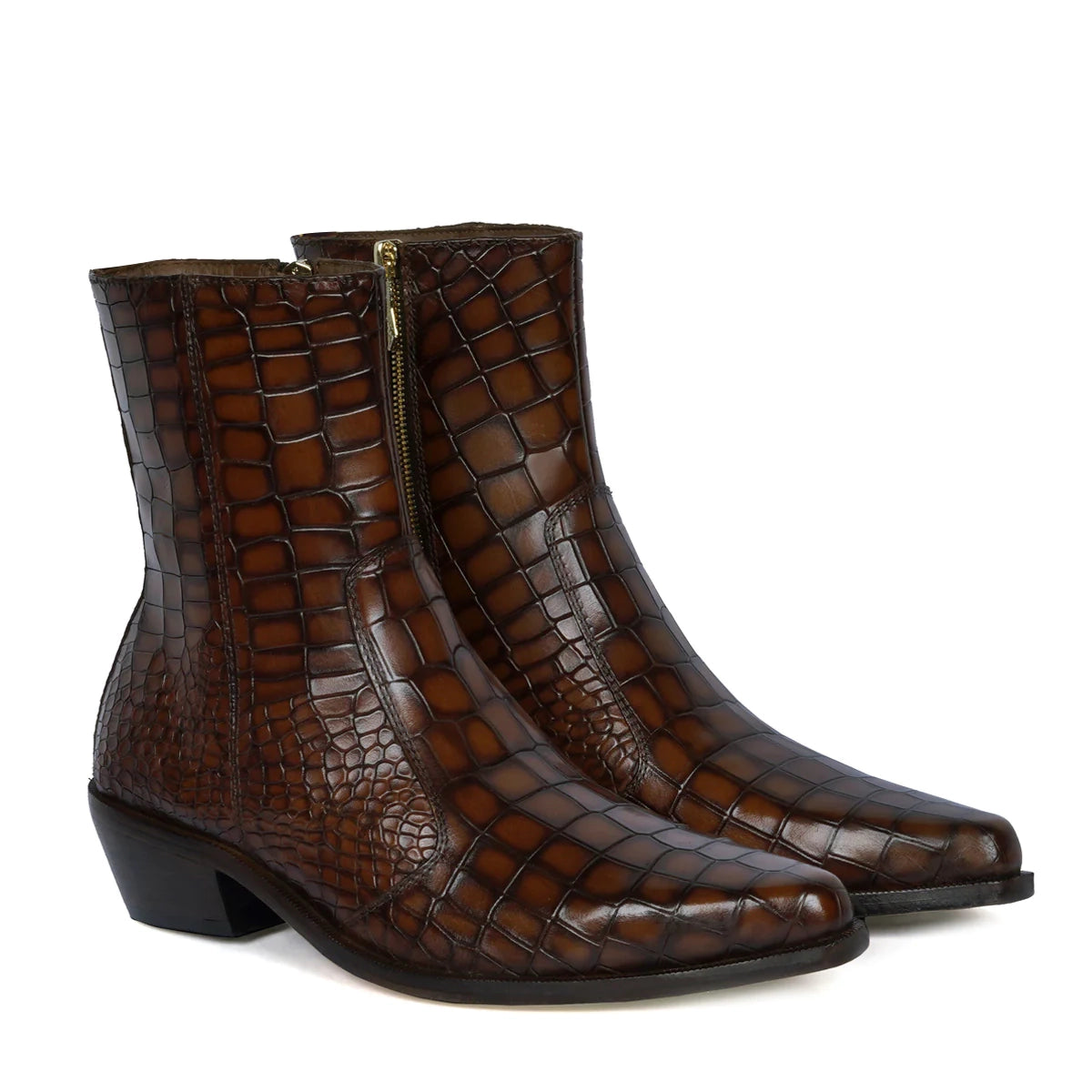 COWBOY STYLE DEEP CUT CROCO TAN SMOKEY LEATHER CHELSEA BOOTS