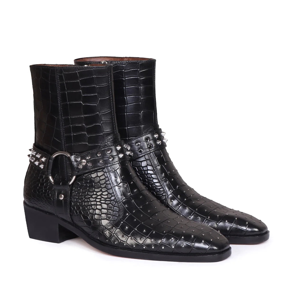 Deep Cut Croco Leather Side Zipper Boots