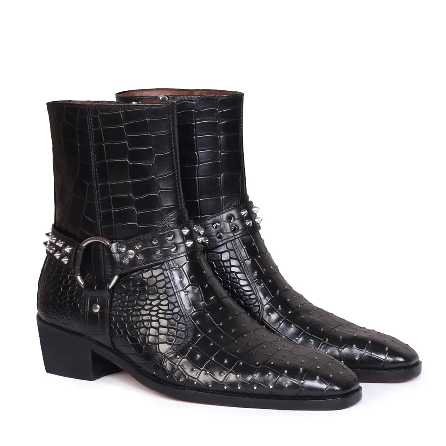 Deep Cut Croco Leather Side Zipper Boots