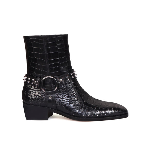 Deep Cut Croco Leather Side Zipper Boots