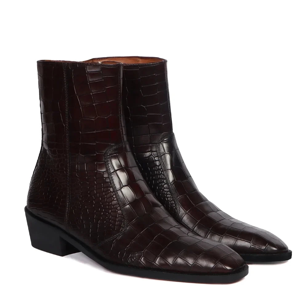 Cuban Heel Chelsea Boots Deep Cut Leather with Zip Closure