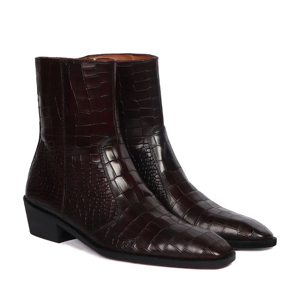 Cuban Heel Chelsea Boots Deep Cut Leather with Zip Closure