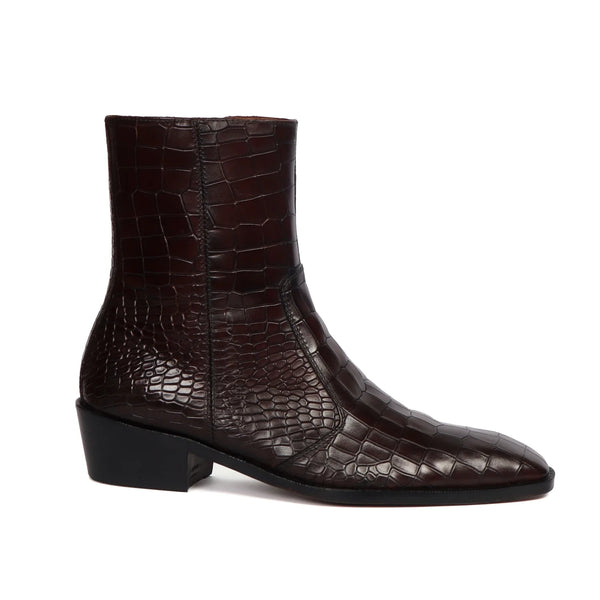 Cuban Heel Chelsea Boots Deep Cut Leather with Zip Closure - Brown