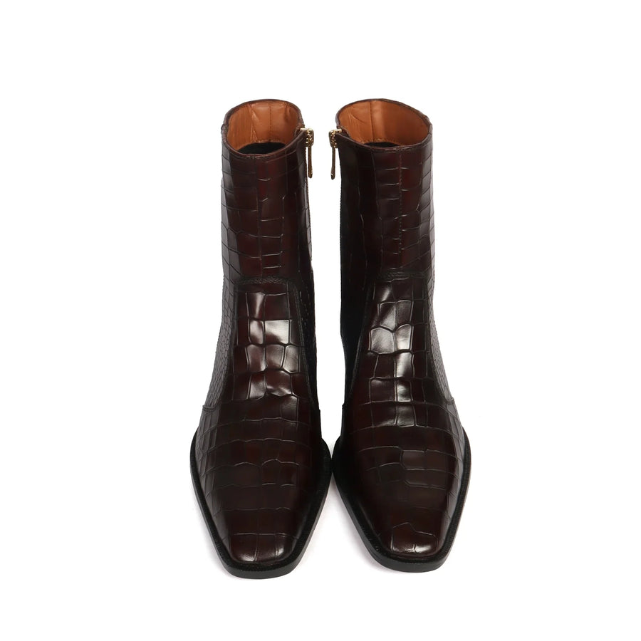 Cuban Heel Chelsea Boots Dark Brown Deep Cut Leather with Zip Closure