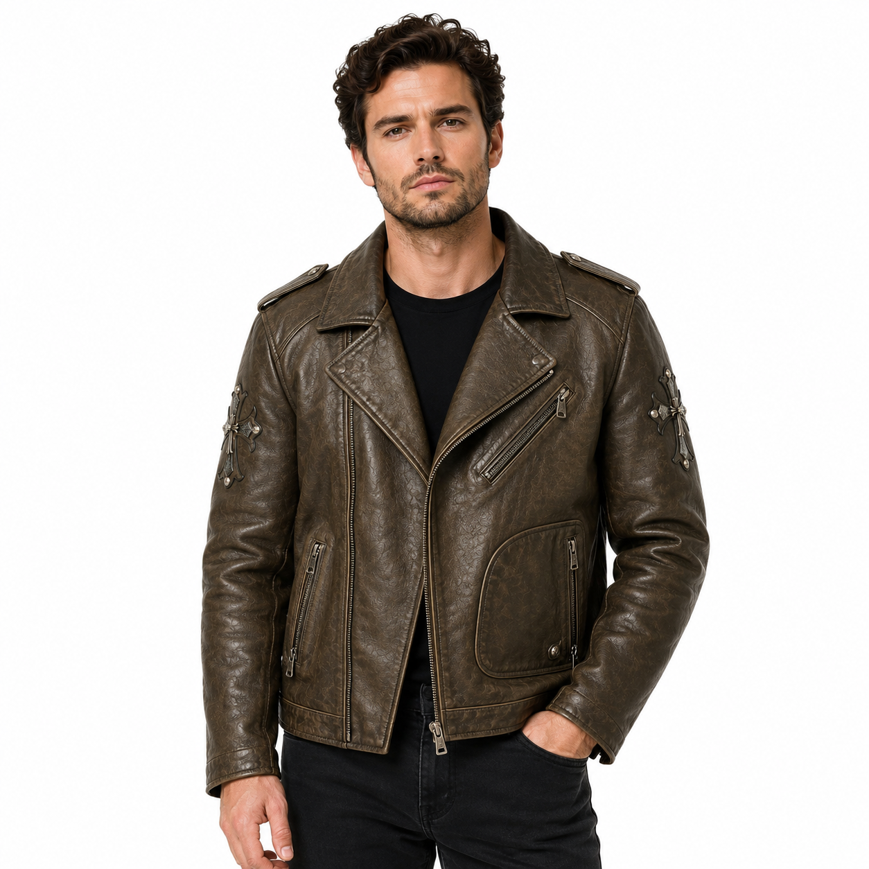 Vintage Cross Patch Leather Biker Jacket