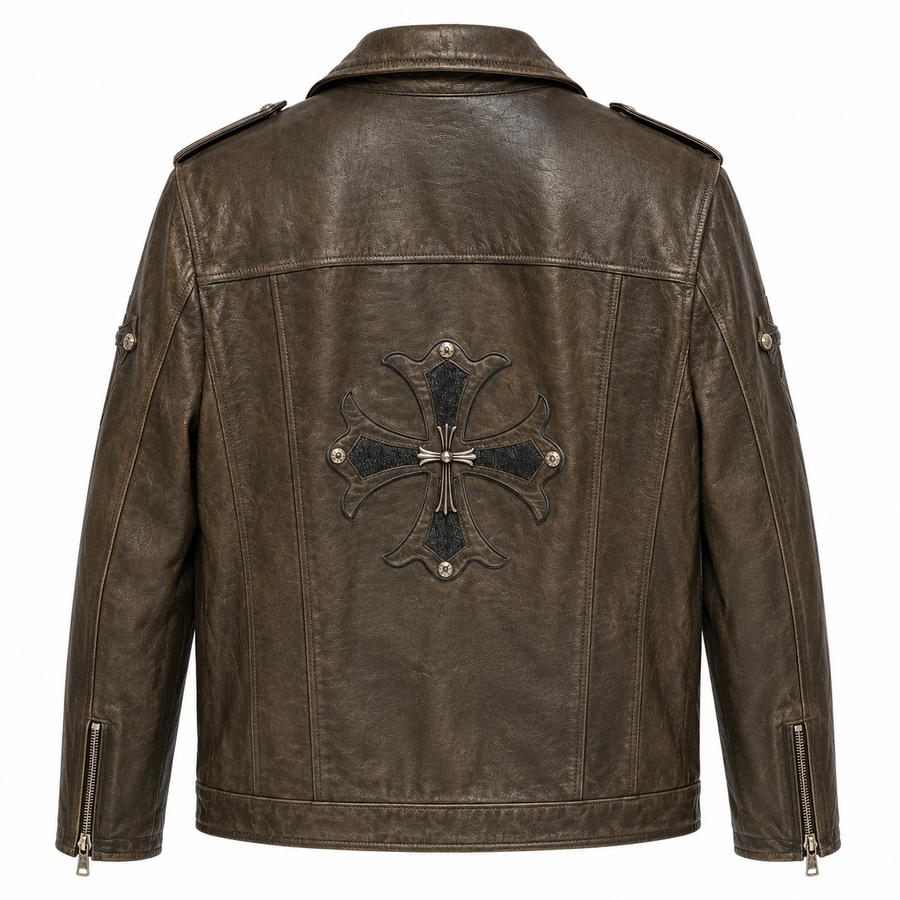 Vintage Cross Patch Leather Biker Jacket