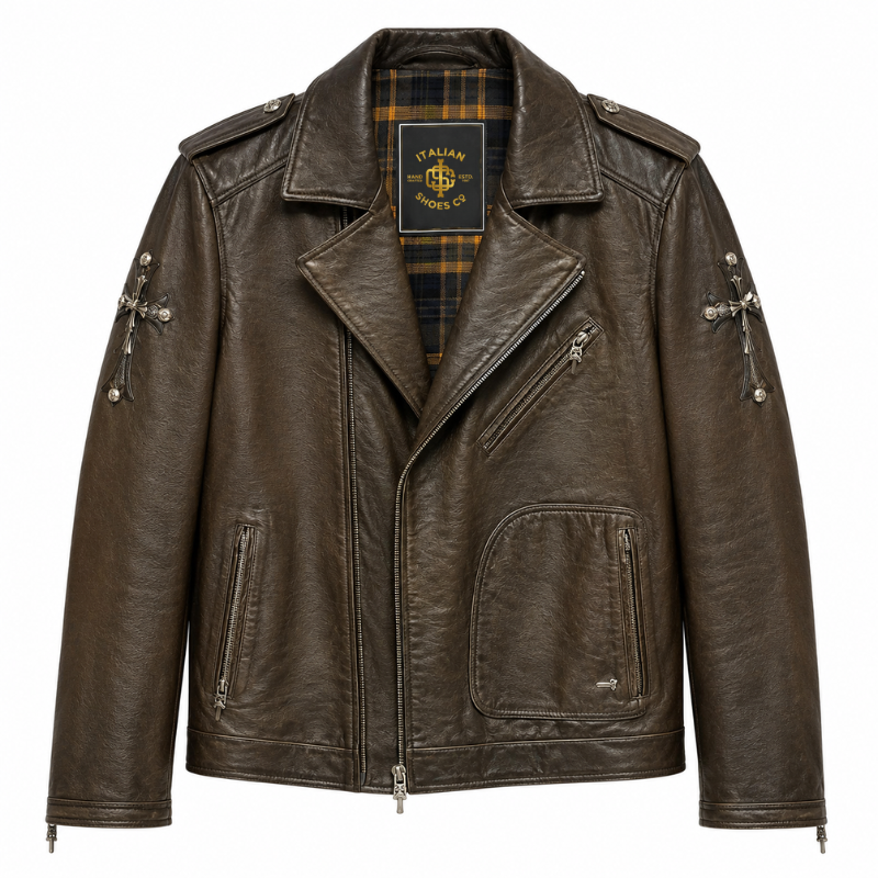 Vintage Cross Patch Leather Biker Jacket