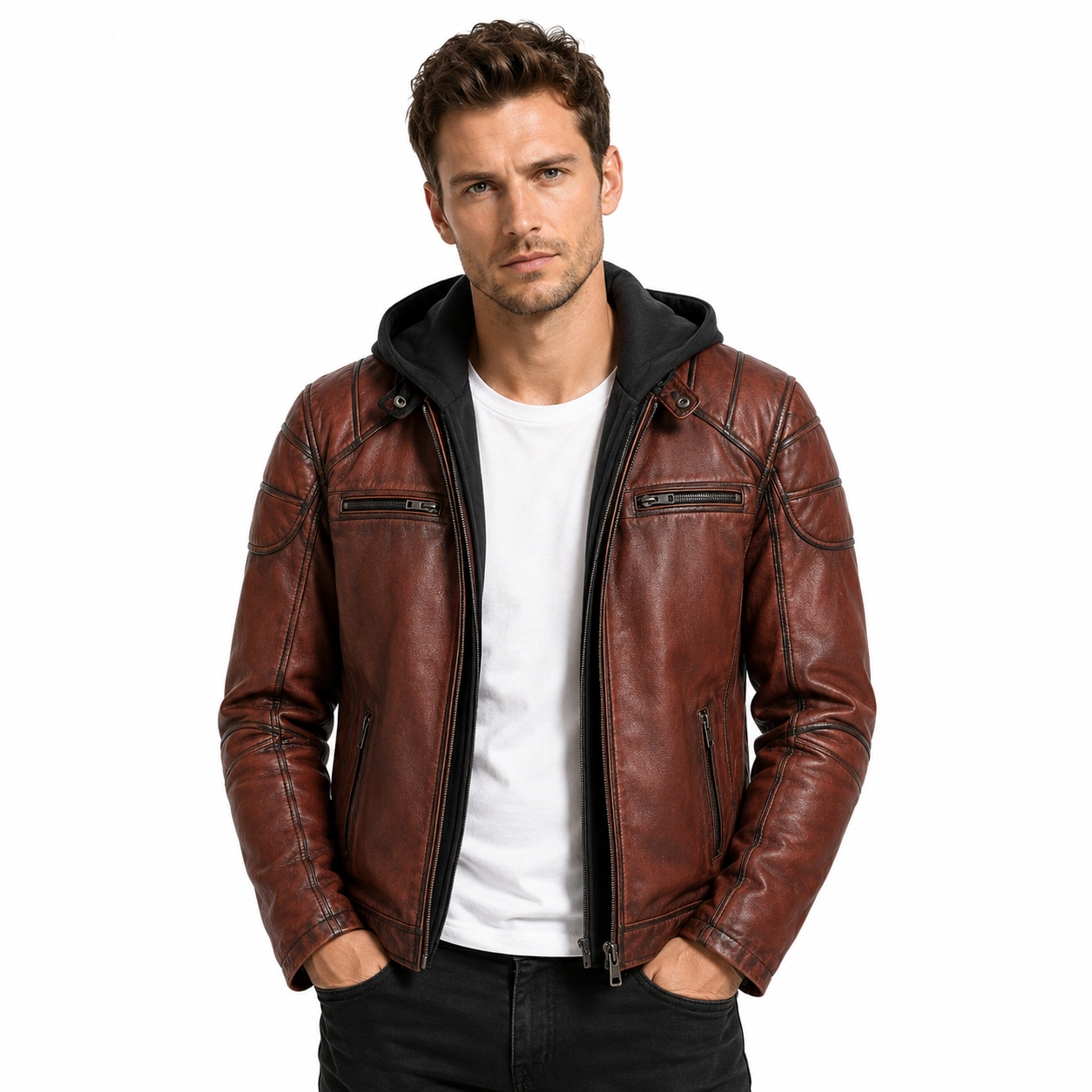 Vintage Hooded Leather Biker Jacket