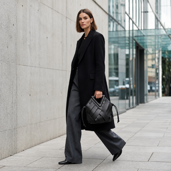 Weave Leather Triangular Handle Handbag - Black