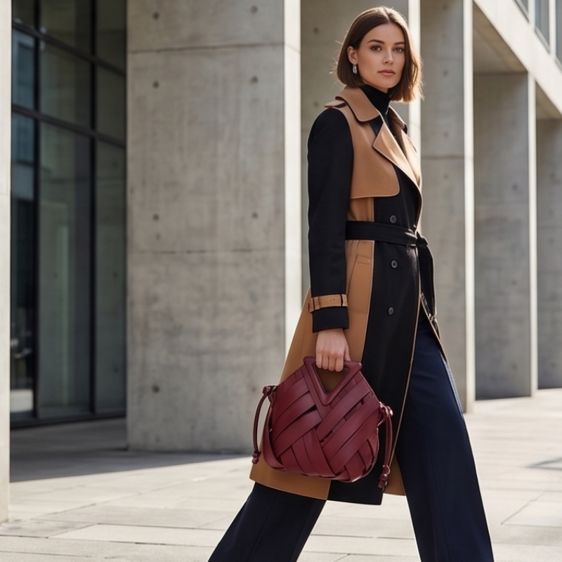 Weave Leather Triangular Handle Handbag