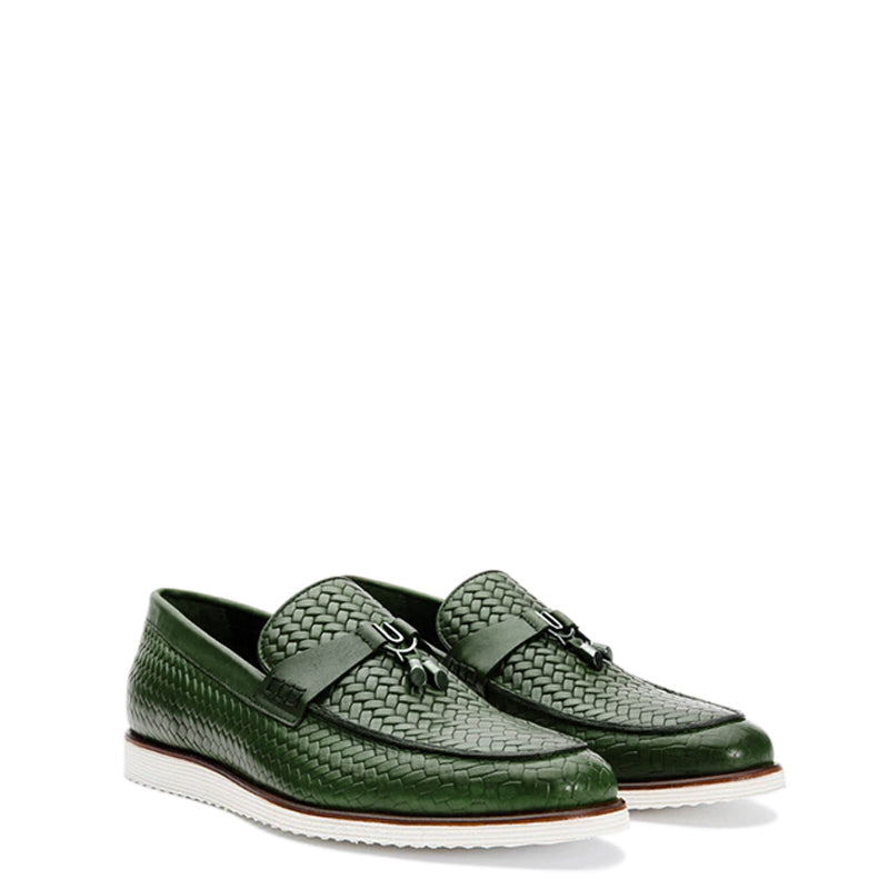 Green Leather Tassel Loafer for Men