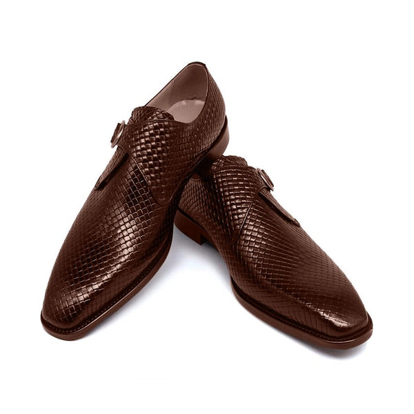 Dark Waved Single Monk Strap Shoes - Choco Brown