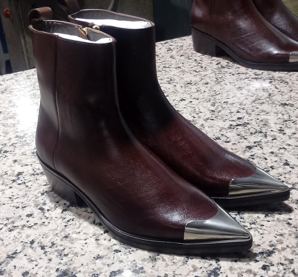 Punk Leather Boots Silver Toe