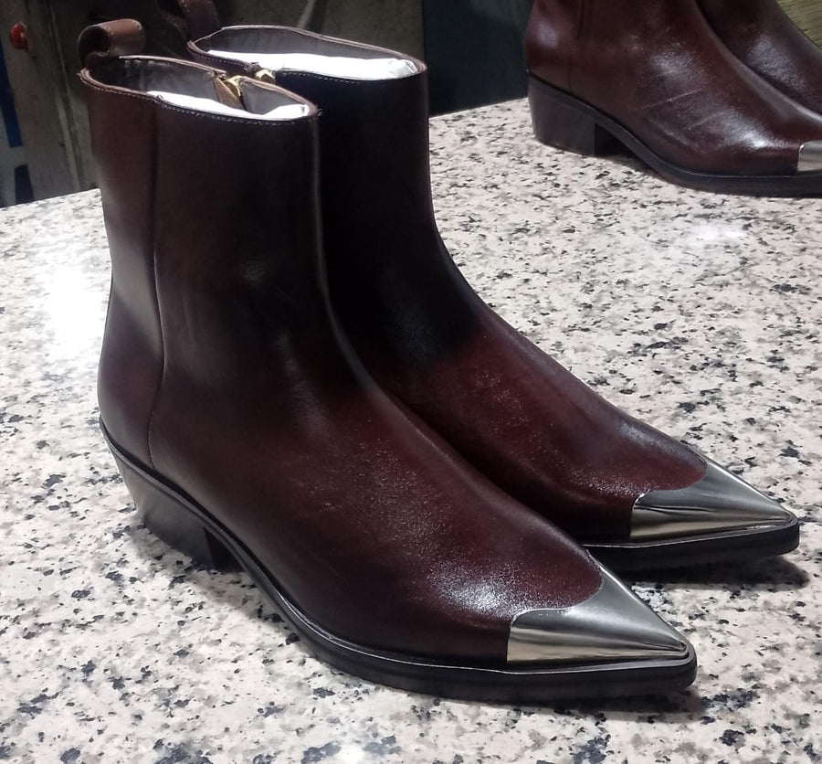 Punk Leather Boots Silver Toe