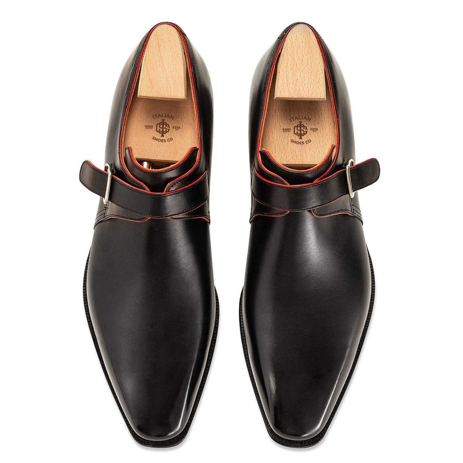 Red Lining Calf Leather Black Shoe With Buckle