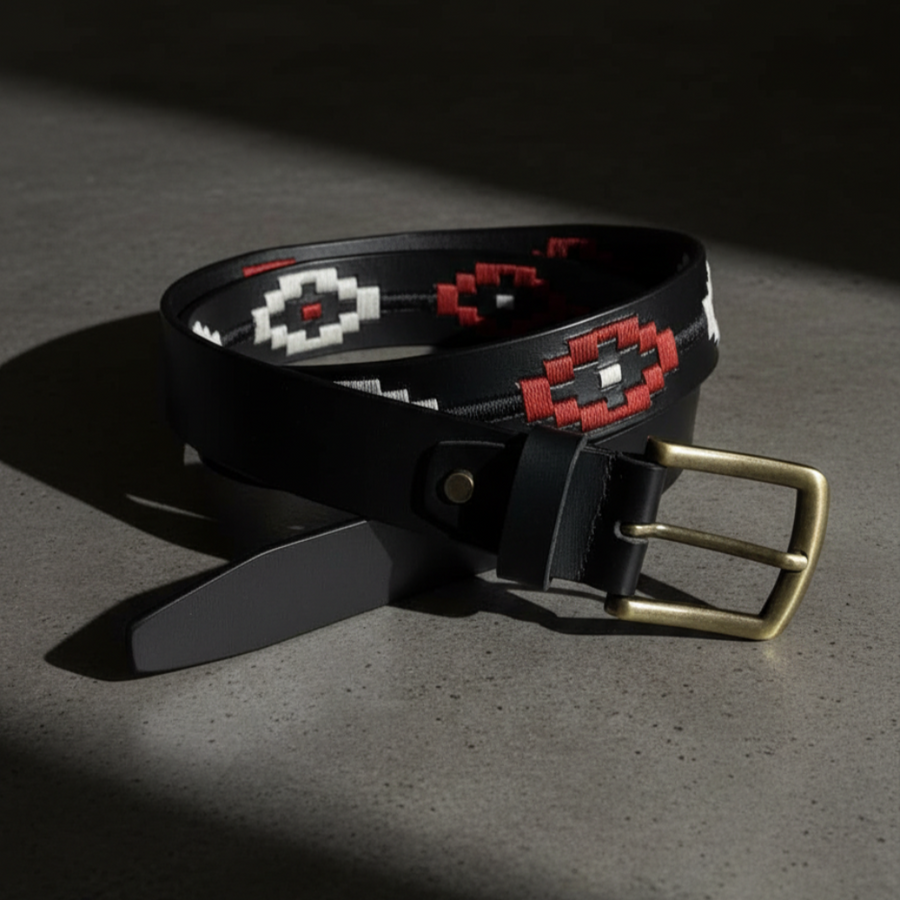 Aztec Noir Embroidered Leather Belt