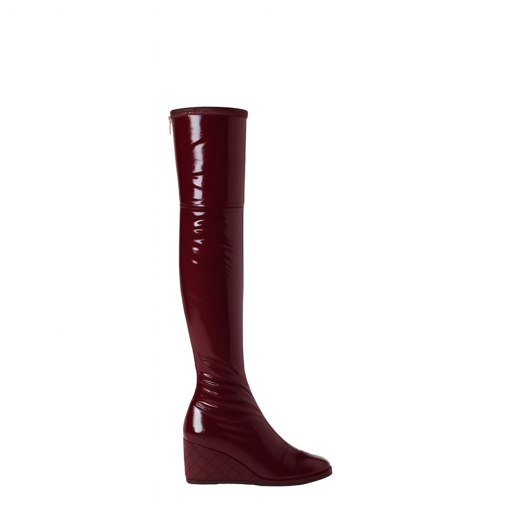 Women's Leather Burgundy Luxury Over the Knee High Boots with Wedge Heel