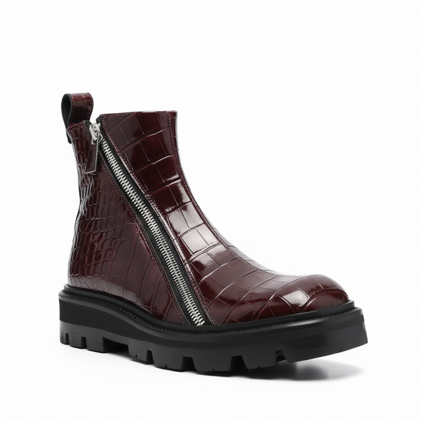 Selim Mock Croc Ankle Boots - Burgundy