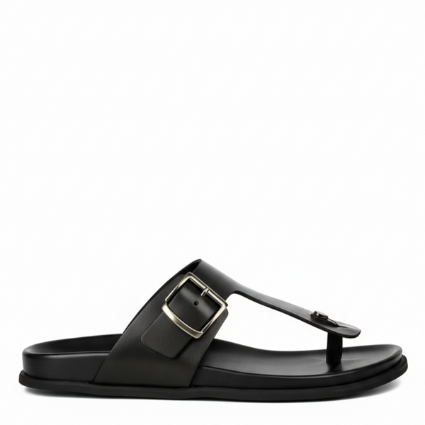 Men Slip On Leather Buckle Sandal - Black