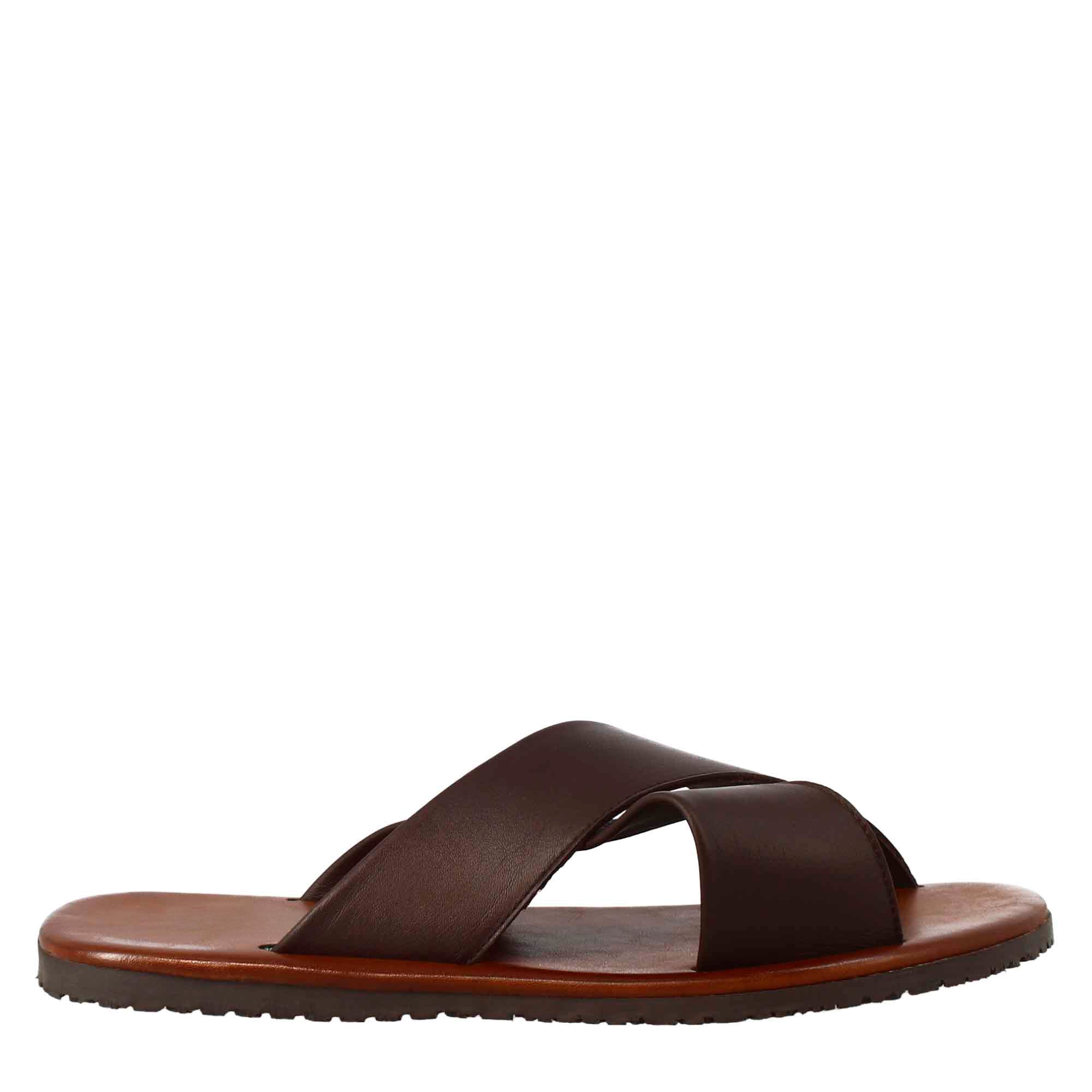 Brown Leather Crossed Bands Slippers