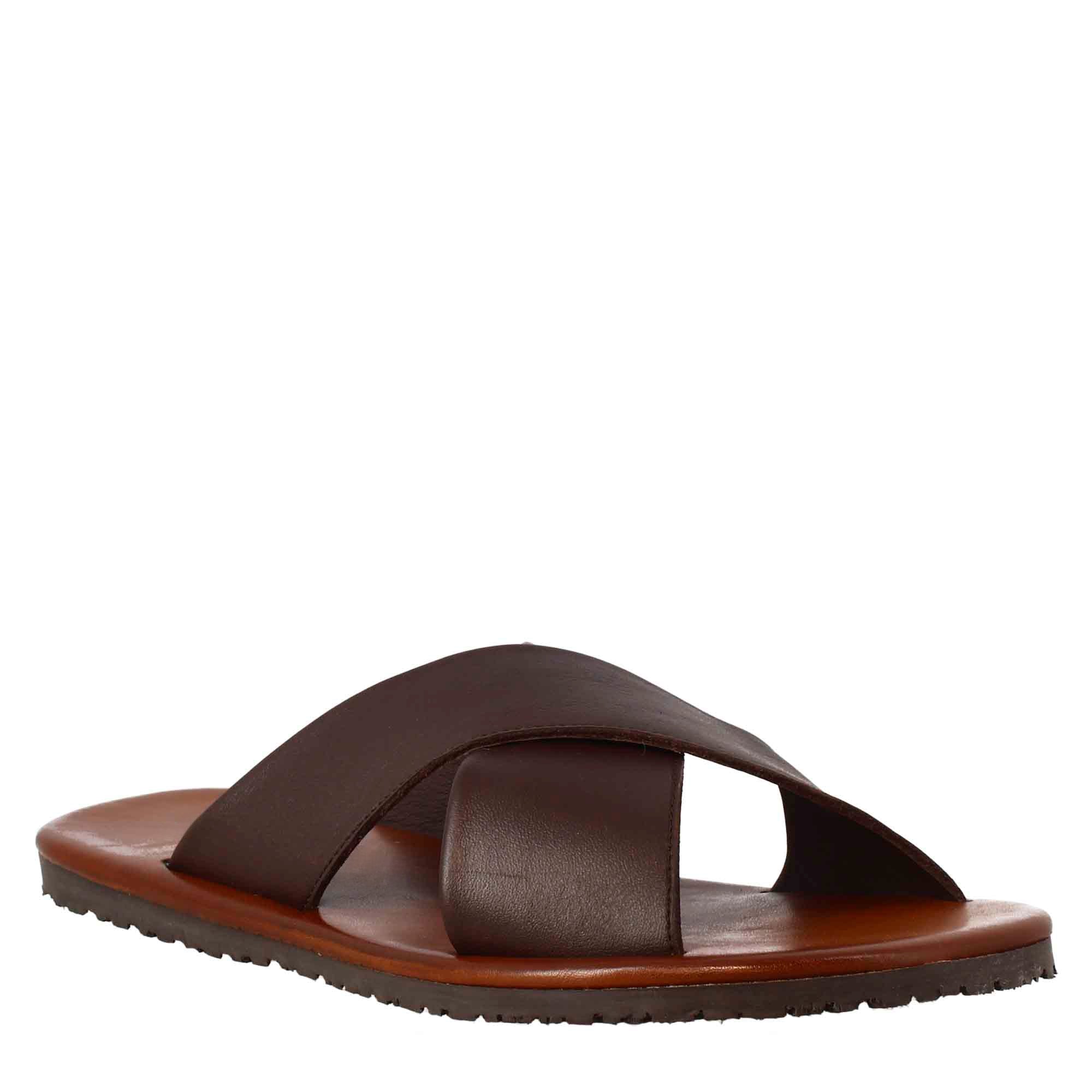 Brown Leather Crossed Bands Slippers