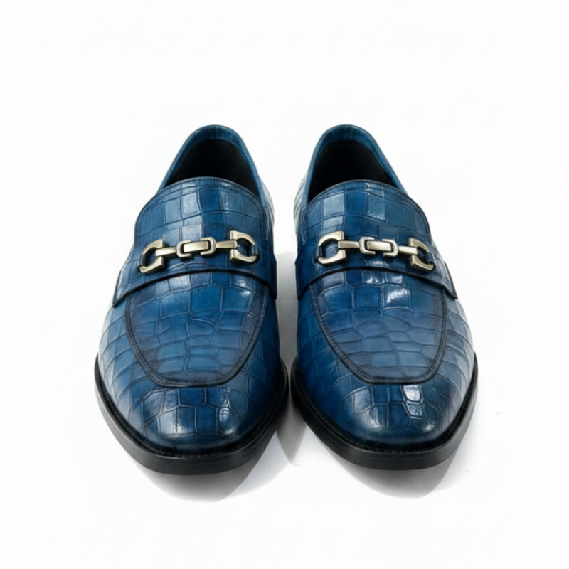 Crocodile‑textured Leather Loafers With Metallic Horsebit Ornament