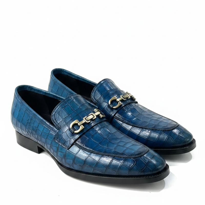 Crocodile‑textured Leather Loafers With Metallic Horsebit Ornament