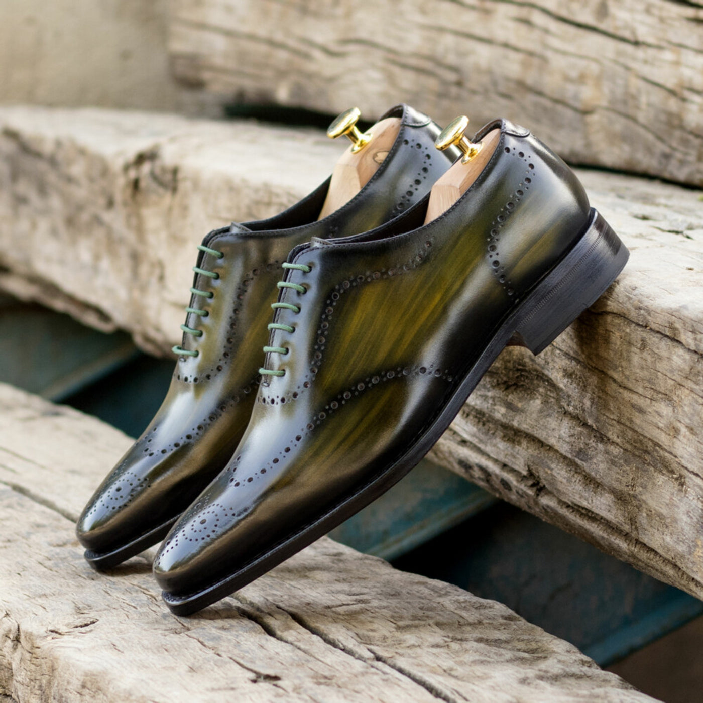 Green Patina Leather Wholecut Brogues