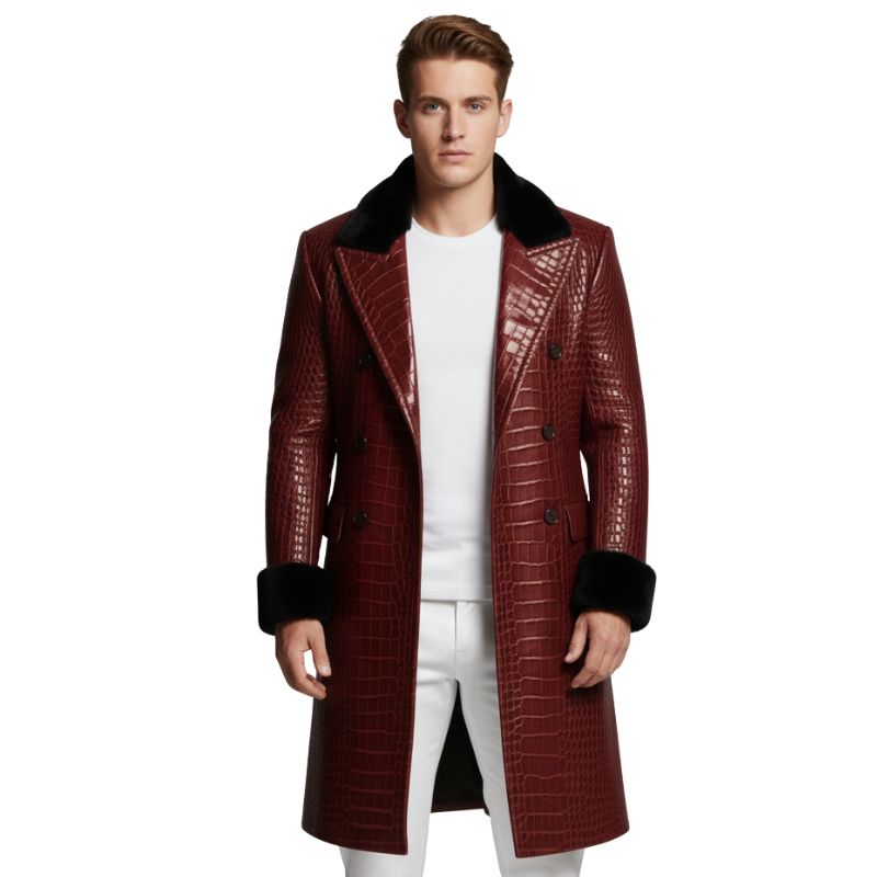 Royal Croc-Embossed Fur Collar Overcoat