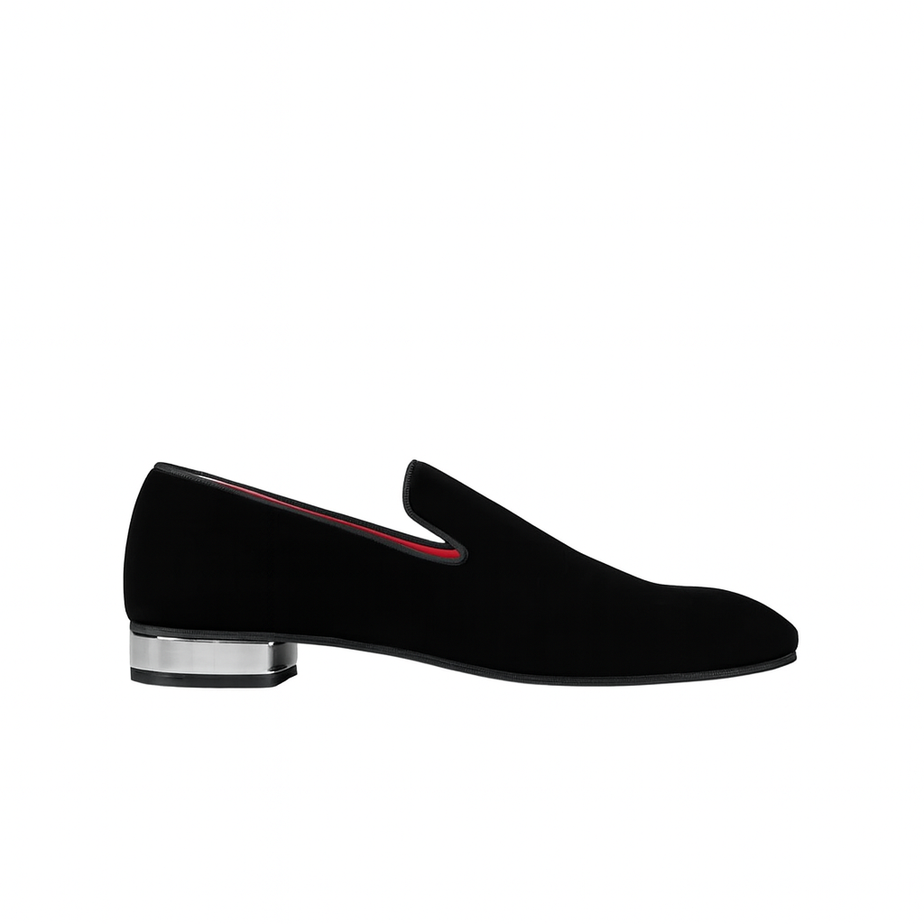 Black Velvet Loafer with Metallic Silver Heel Detailing