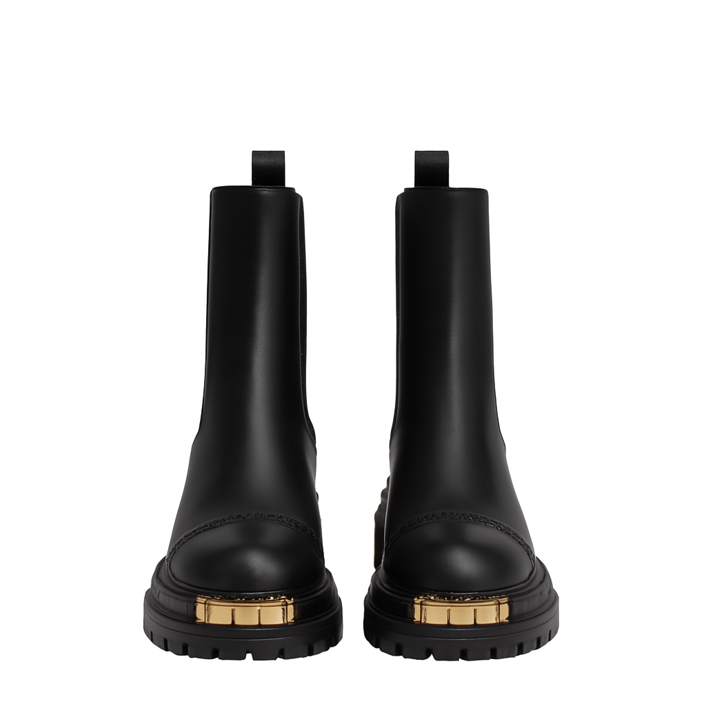Luxury Black Ankle Boots for Womens with Gold-accent Toe Detail