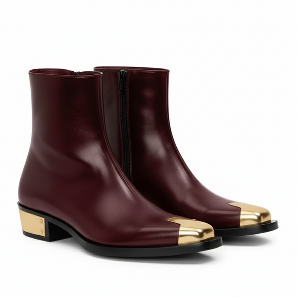 Punk Leather Boots Golden Toe Shoe