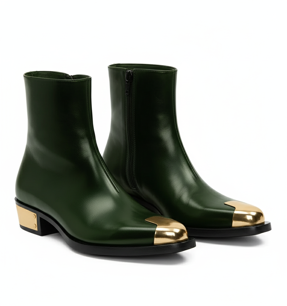 Punk Leather Boots Golden Toe Shoe