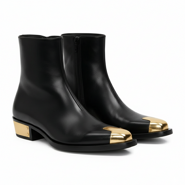 Punk Leather Boots Golden Toe Shoe