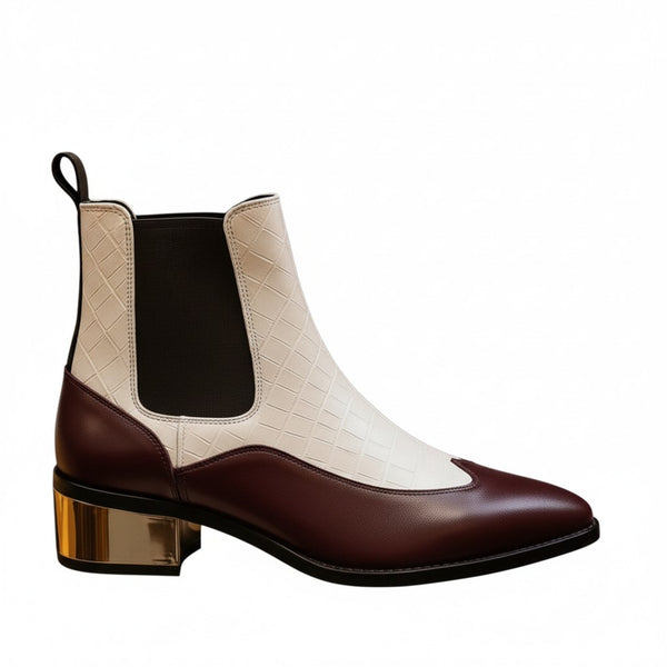 Luxury Dual Tone Croco Leather Chelsea Boots with Metallic Gold Heel - Burgundy / White