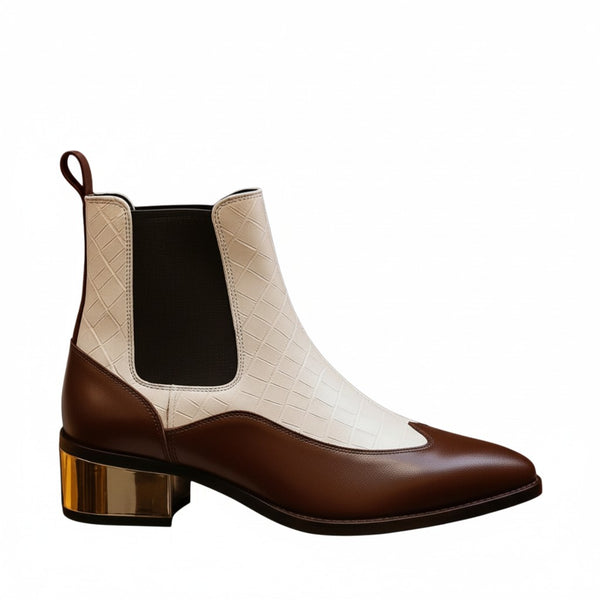 Luxury Dual Tone Croco Leather Chelsea Boots with Metallic Gold Heel - Brown / White