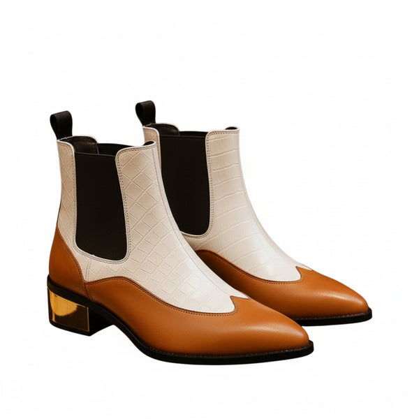 Luxury Dual Tone Croco Leather Chelsea Boots with Metallic Gold Heel