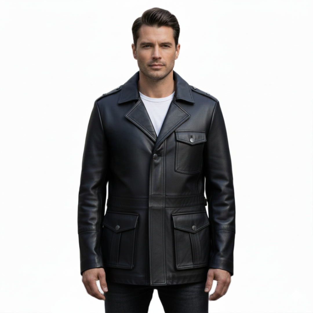 Classic Leather Multi Pocket Leather Coat