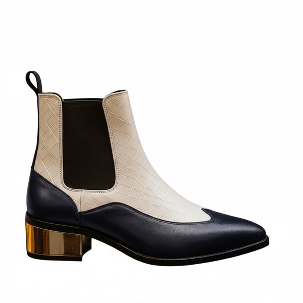 Luxury Dual Tone Croco Leather Chelsea Boots with Metallic Gold Heel - Blue / White