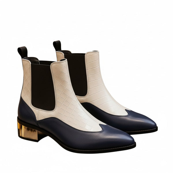 Luxury Dual Tone Croco Leather Chelsea Boots with Metallic Gold Heel