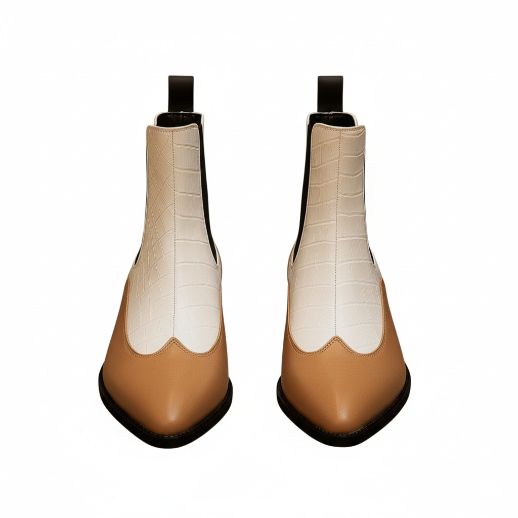 Luxury Blue & White Dual-Tone Croco Leather Chelsea Boots with Metallic Gold Heel