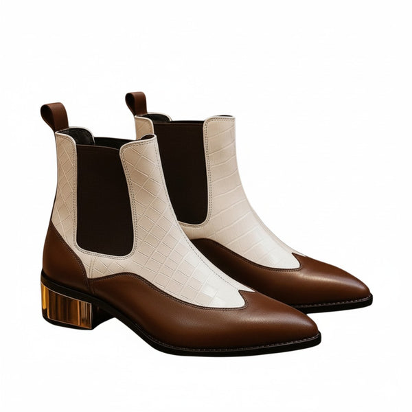 Luxury Dual Tone Croco Leather Chelsea Boots with Metallic Gold Heel