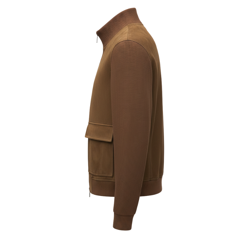 Cognac Suede Ribbed Bomber Jacket
