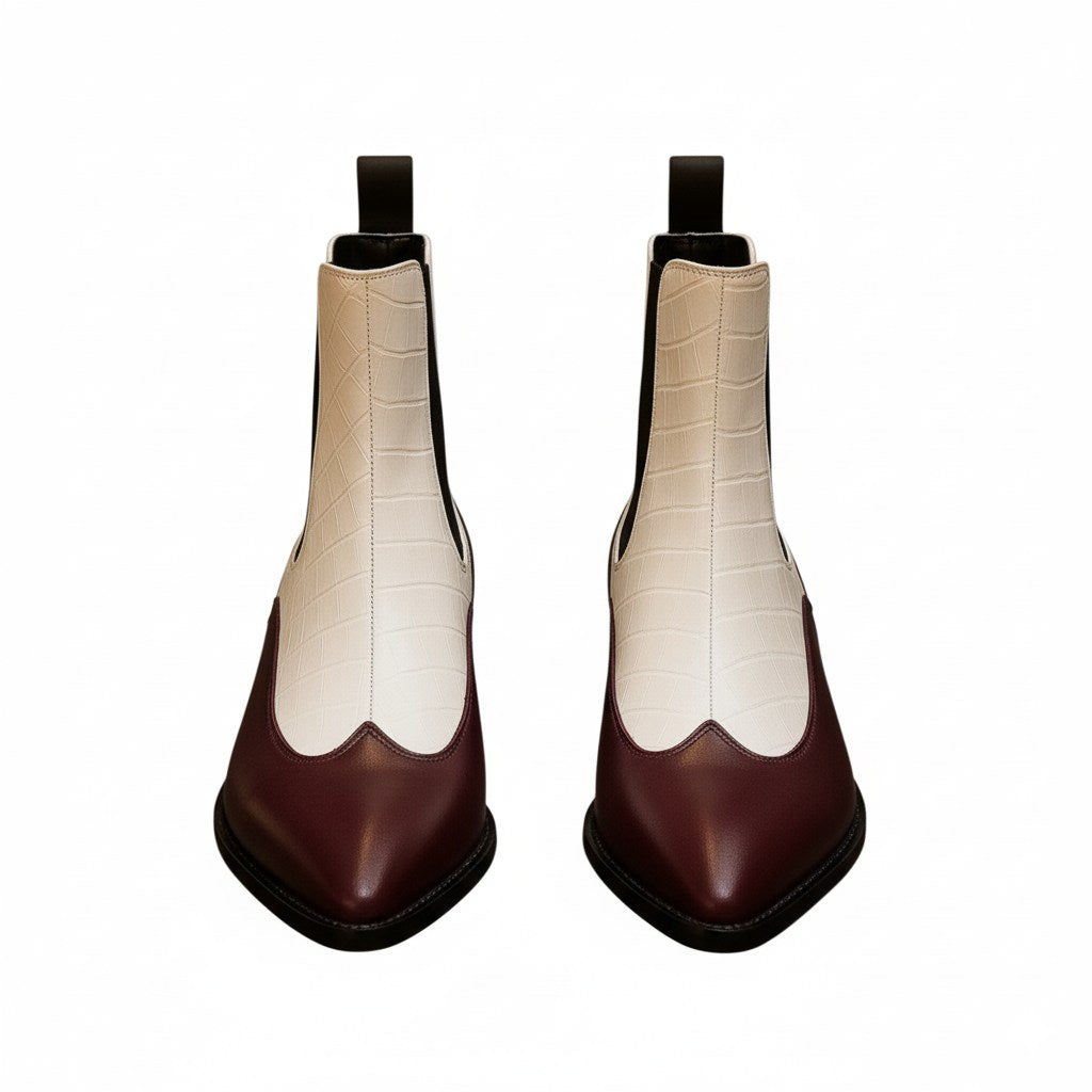 Luxury Blue & White Dual-Tone Croco Leather Chelsea Boots with Metallic Gold Heel