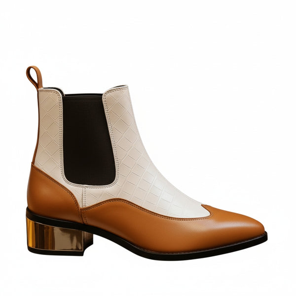 Luxury Dual Tone Croco Leather Chelsea Boots with Metallic Gold Heel - Tan / White