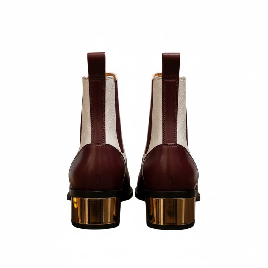 Luxury Dual-Tone Croco Leather Chelsea Boots with Metallic Gold Heel