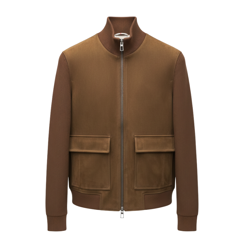 Cognac Suede Ribbed Bomber Jacket
