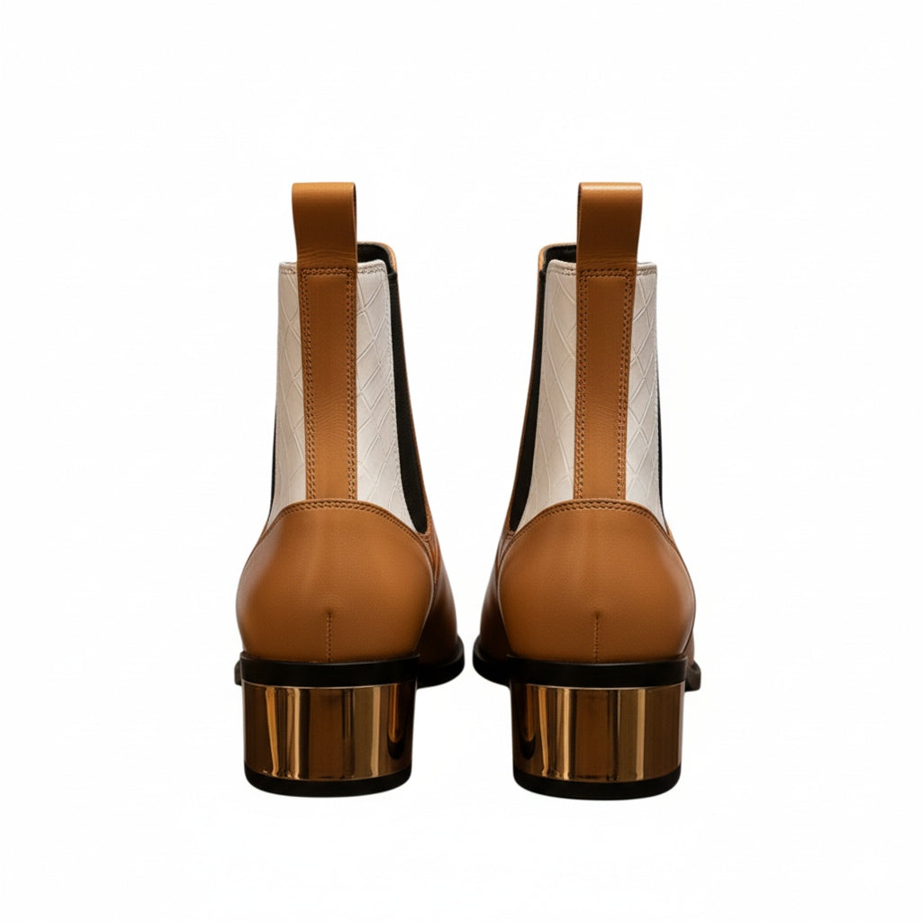 Luxury Blue & White Dual-Tone Croco Leather Chelsea Boots with Metallic Gold Heel